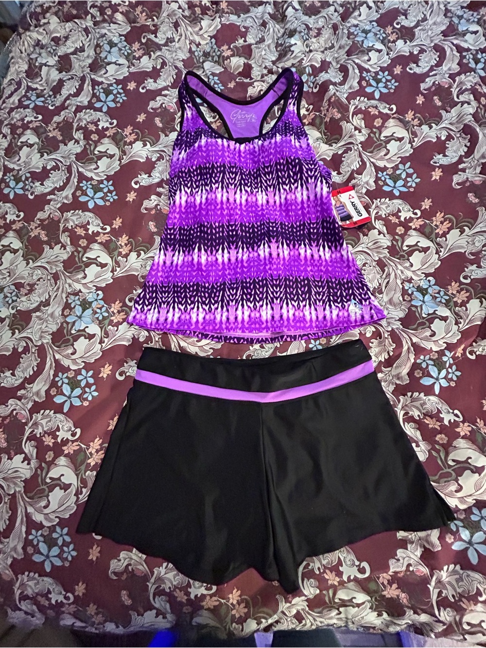 NWT - Gerry Weber Purple Patterned Racerback Tankini Top with Black Swim Shorts
